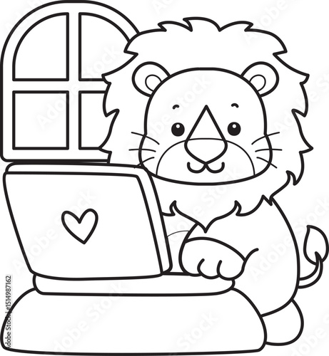 Coloring book of Cute Lion icon. Outline of Funny baby Lion animal series stock illustration. life of fluffy Lion designs.
