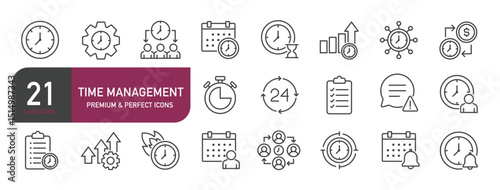 Set of line icons related to time management, business, . Outline icons collection. Editable stroke. Vector illustration