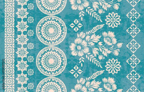 floral pattern vintage ethnic modern embroidery texture boho design vector illustration hand drawn pink flower motif branches leaves wallpaper seamless background border.