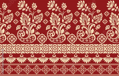 floral pattern vintage ethnic modern embroidery texture boho design vector illustration hand drawn pink flower motif branches leaves wallpaper seamless background border.