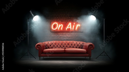 Red Sofa with On Air Sign, and Studio.