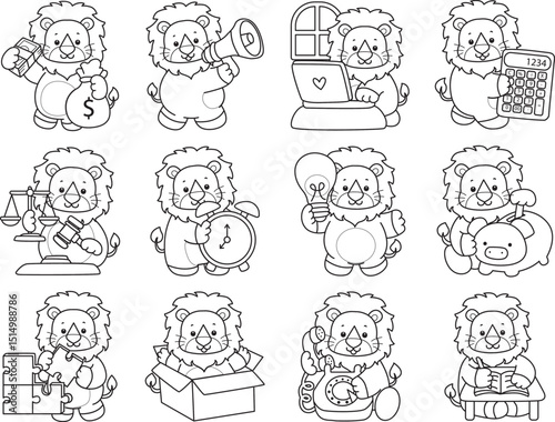 Coloring book of Cute Lion icon. Outline of Funny baby Lion animal series stock illustration. life of fluffy Lion designs.
