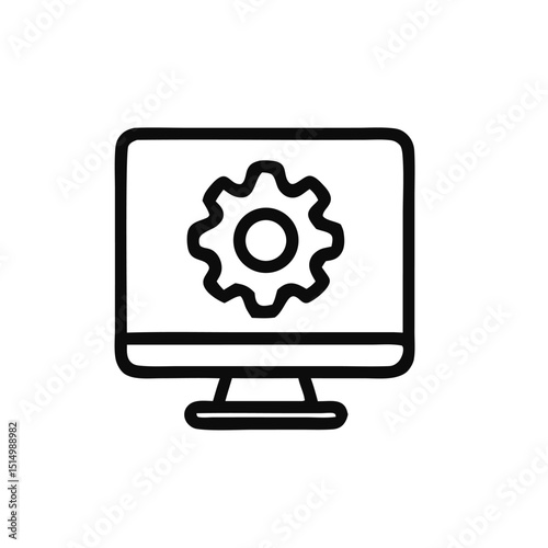 Computer monitor showing a gear inside. Suitable for technology, innovation, coding, software development concepts. Ideal for digital and techrelated designs.