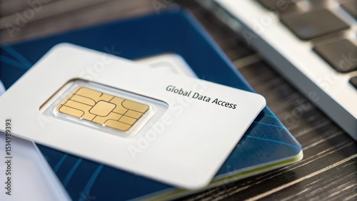 Travel for remote workers concept. SIM card placed on a passport, symbolizing global connectivity and travel convenience.
