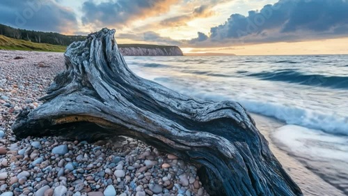 Serene coastal landscape at sunset featuring weathered driftwood on a pebbly beach with waves