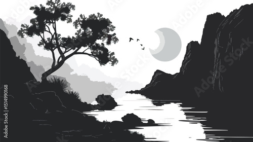 Rocks and cliffs along a riverbank. silhouette illustration