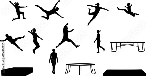 trampolining silhouettes on the white background
