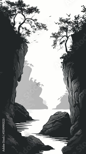 Rocks and cliffs along a riverbank. silhouette illustration