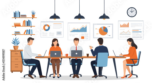 Flat vector illustration of a productive business meeting with diverse team members collaborating around a table, analyzing charts and data. Emphasizes teamwork and strategy