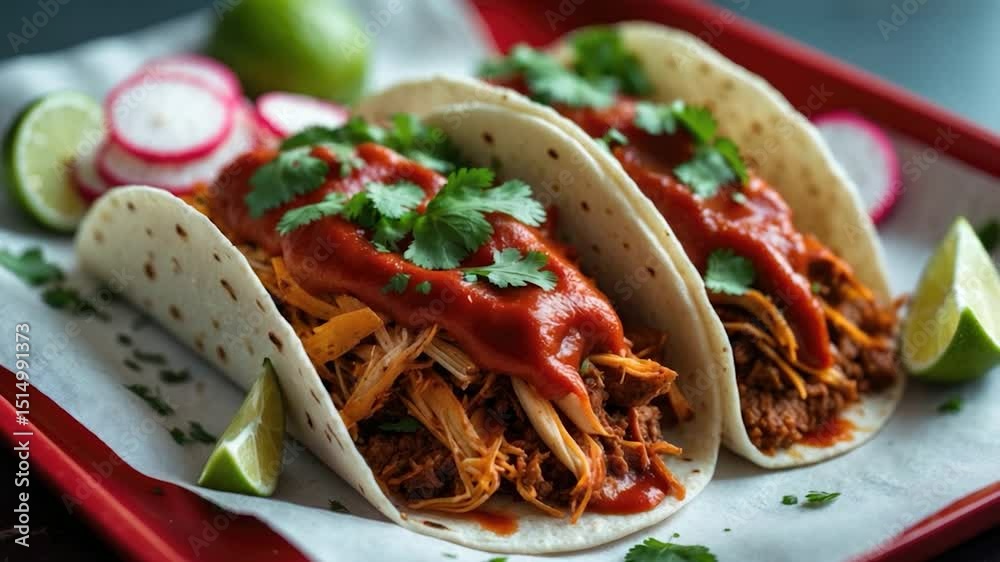 Three soft tacos filled with shredded chicken, topped with rich red salsa and fresh cilantro, accompanied by lime wedges and radish slices on a vibrant red tray.