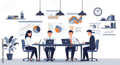 Flat vector illustration of a productive business meeting with diverse team members collaborating around a table, analyzing charts and data. Emphasizes teamwork and strategy