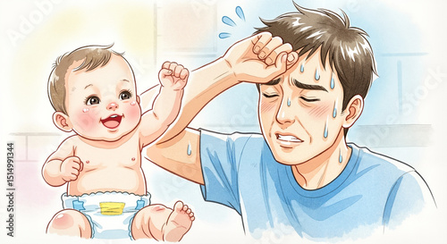  Tired father sweating while holding cheerful baby indoors