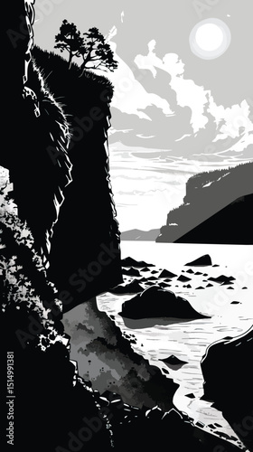 Rugged cliffs overlooking a beach. silhouette illustration