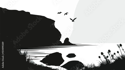Rugged cliffs overlooking a beach. silhouette illustration