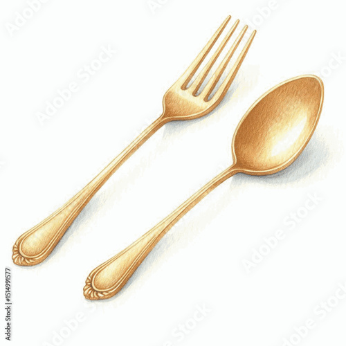 Golden Utensils gold spoon and fork isolated watercolor vector illustration svg