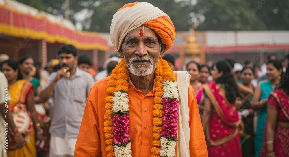 Fototapeta premium Elderly Man in Traditional Indian Attire - A portrait of a senior man, adorned in vibrant orange clothing and a flower garland, standing amidst a bustling crowd