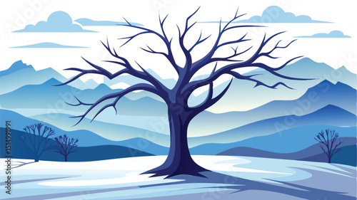 Bare tree silhouette over a wintery base ideal fo