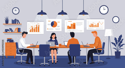 Flat vector illustration of a productive business meeting with diverse team members collaborating around a table, analyzing charts and data. Emphasizes teamwork and strategy