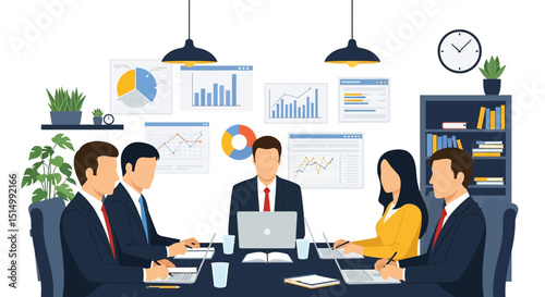 Flat vector illustration of a productive business meeting with diverse team members collaborating around a table, analyzing charts and data. Emphasizes teamwork and strategy