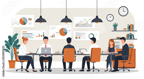 Flat vector illustration of a productive business meeting with diverse team members collaborating around a table, analyzing charts and data. Emphasizes teamwork and strategy