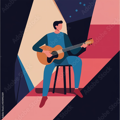 The Soulful Strum A Musician's Nighttime Performance, Captured in Vibrant Geometric Art