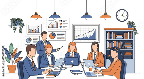 Flat vector illustration of a productive business meeting with diverse team members collaborating around a table, analyzing charts and data. Emphasizes teamwork and strategy
