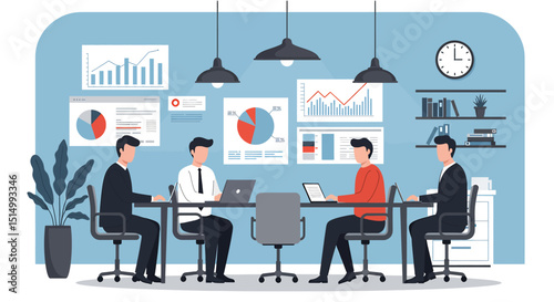 Flat vector illustration of a productive business meeting with diverse team members collaborating around a table, analyzing charts and data. Emphasizes teamwork and strategy