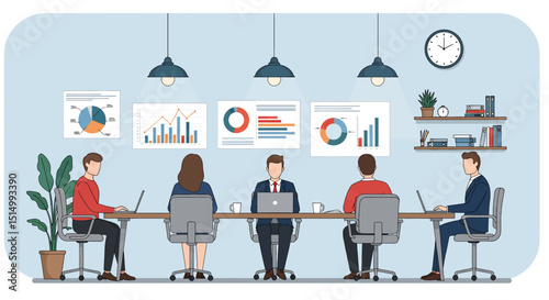 Flat vector illustration of a productive business meeting with diverse team members collaborating around a table, analyzing charts and data. Emphasizes teamwork and strategy