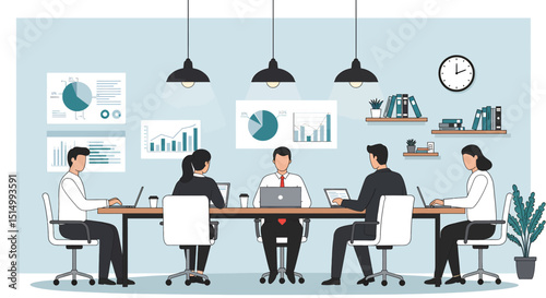 Flat vector illustration of a productive business meeting with diverse team members collaborating around a table, analyzing charts and data. Emphasizes teamwork and strategy