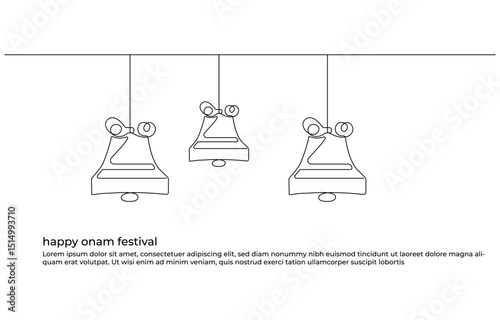 Onam Festival Celebration A Line Art Depiction of Dance and Culture, Single-Line Drawing of Jar, Bananas, Happy Onam Festival Bell Decorations, Traditional Clay Pot with Food 