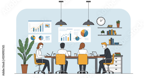 Flat vector illustration of a productive business meeting with diverse team members collaborating around a table, analyzing charts and data. Emphasizes teamwork and strategy