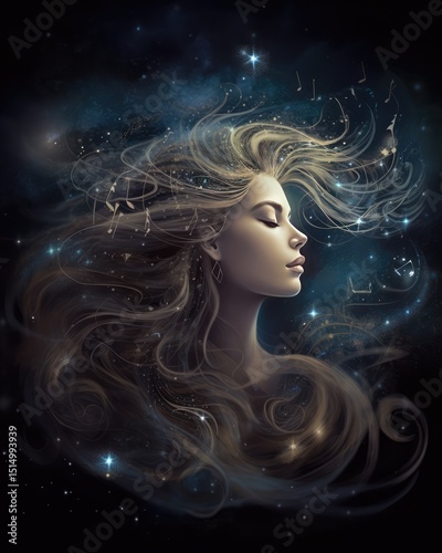 Windblown blonde hair frames a beautiful woman's face, highlighting her glamorous makeup and sensual smile