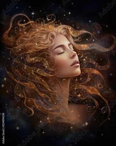 Windblown blonde hair frames a beautiful woman's face, highlighting her glamorous makeup and sensual smile