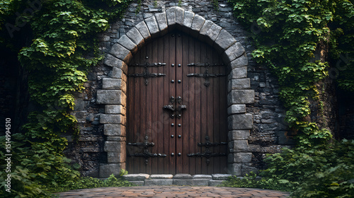 medieval castle gate with heavy wooden doors, towering stone walls, surrounded by lush greenery, inviting to step into history