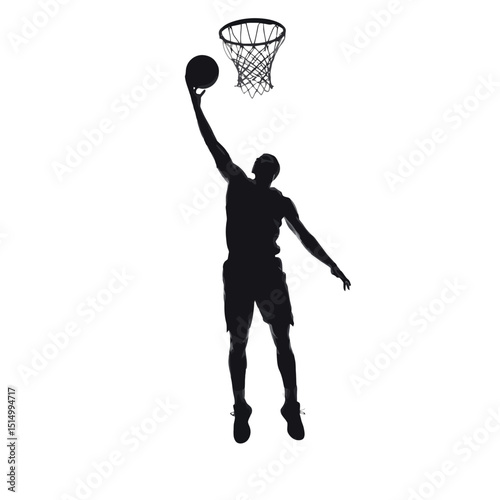 A silhouette of a basketball player leaping towards the hoop, holding a basketball in one hand.
