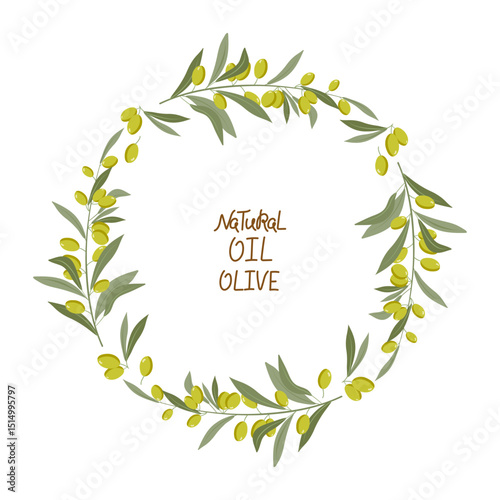  Olive tree branch. Green branches with fruit. Mediterranean vegetables, vegan diet, food, organic cosmetics, vegetable oil. Flat design isolated on white background. Handwritten lettering.