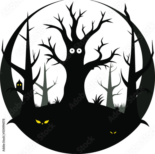 Halloween Silhouettes of Pumpkins, Ghosts, and Witches, Spooky Halloween Scene Silhouettes with Haunted House and Bats, Flying Witch, Bats, and Full Moon Silhouette