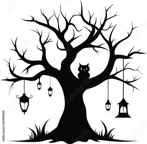 Halloween Silhouettes of Pumpkins, Ghosts, and Witches, Spooky Halloween Scene Silhouettes with Haunted House and Bats, Flying Witch, Bats, and Full Moon Silhouette