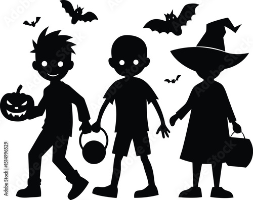 Halloween Silhouettes of Pumpkins, Ghosts, and Witches, Spooky Halloween Scene Silhouettes with Haunted House and Bats, Flying Witch, Bats, and Full Moon Silhouette