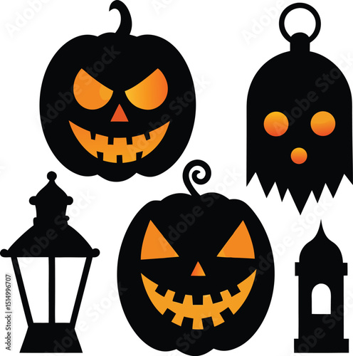 Halloween Silhouettes of Pumpkins, Ghosts, and Witches, Spooky Halloween Scene Silhouettes with Haunted House and Bats, Flying Witch, Bats, and Full Moon Silhouette