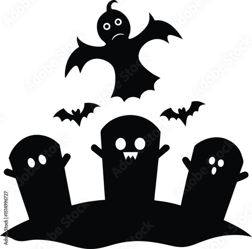 Halloween Silhouettes of Pumpkins, Ghosts, and Witches, Spooky Halloween Scene Silhouettes with Haunted House and Bats, Flying Witch, Bats, and Full Moon Silhouette