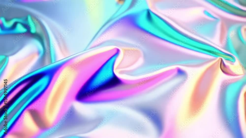 Close up of iridescent fabric with folds and highlights in shades of blue and peach color palette background texture video