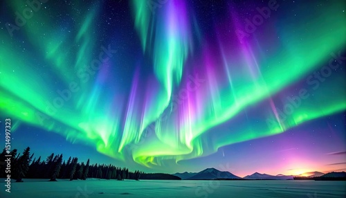 Aurora Borealis Display Over Snowy Landscape