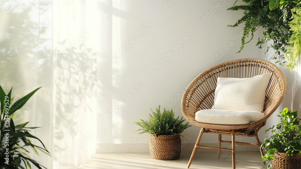 Fototapeta premium Cozy corner with plants and a comfortable chair.