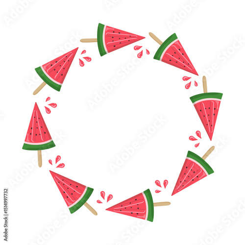 Watermelon Ice Cream. Round frame with space for text. Frozen juice, fruity ice. Watermelon slice. Summer illustration for poster design, banner, menu, bar, cafe, recipes, restaurant.