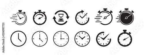 Black and White Circular Clock Icons – Vector Illustration