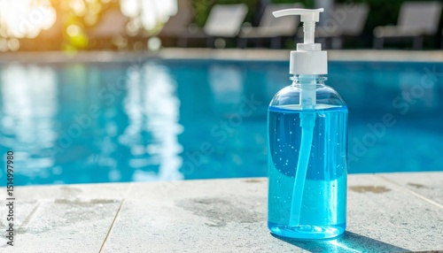 Blue transparent plastic water bottle in a clear swimming pool