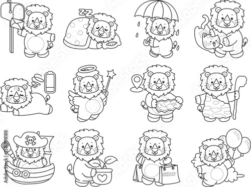 Coloring book of Cute Lion icon. Outline of Funny baby Lion animal series stock illustration. life of fluffy Lion designs.
