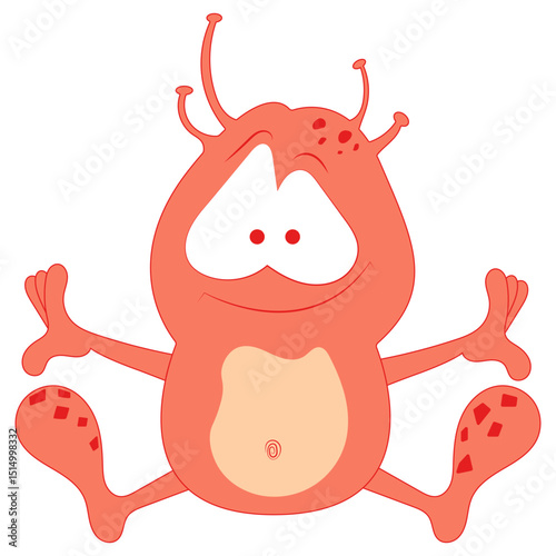 A cute pink cartoon monster with antennae and red spots, sitting with arms and legs spread, on a white background.