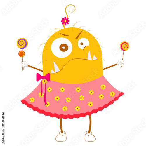 Cartoon yellow monster girl in pink skirt with yellow flowers holding lollipops. Cute and funny character illustration on white background.
